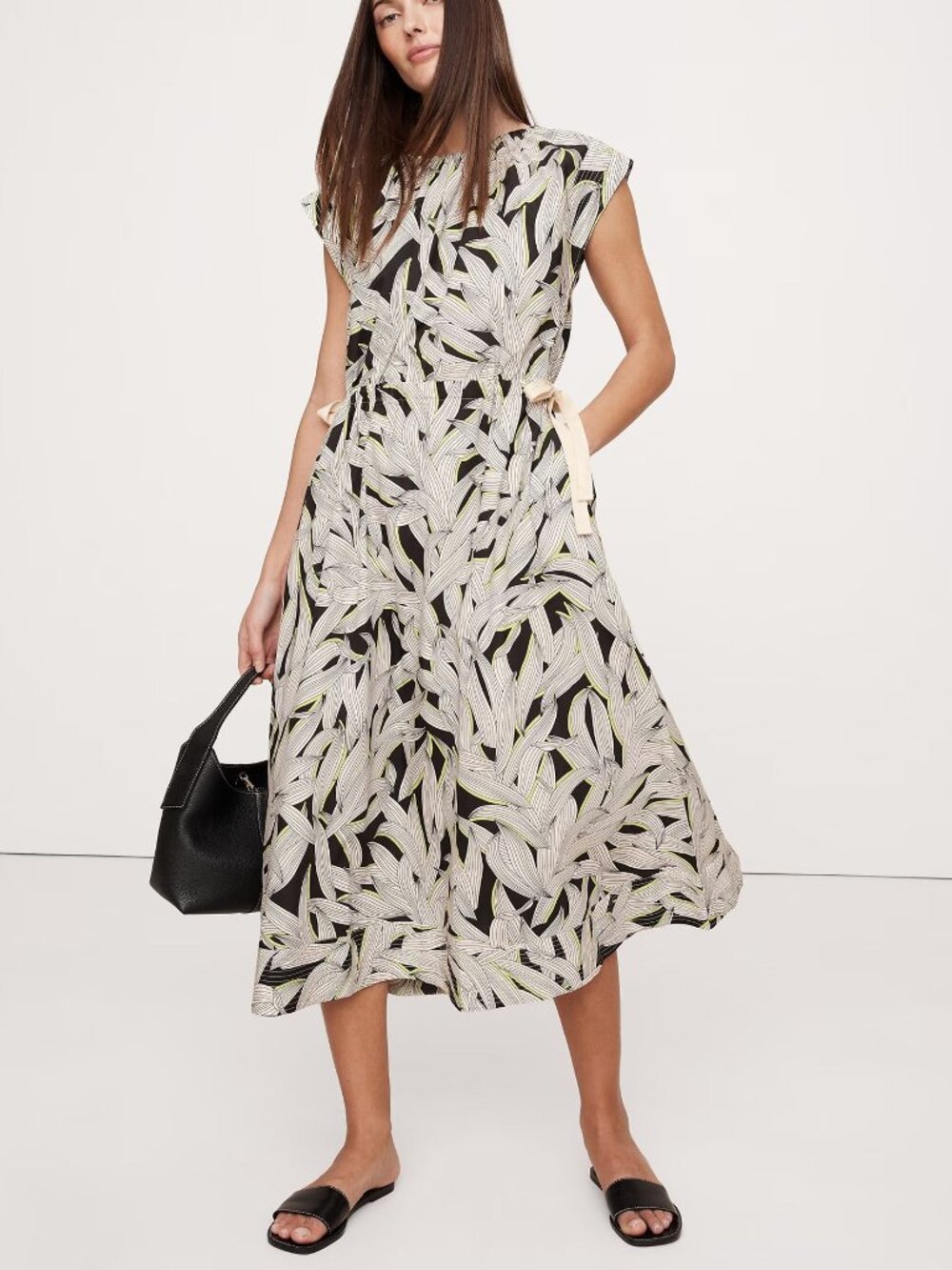 NWT!! Banana Republic Black Floral Cotton Poplin Cinch-Waist Midi Dress M